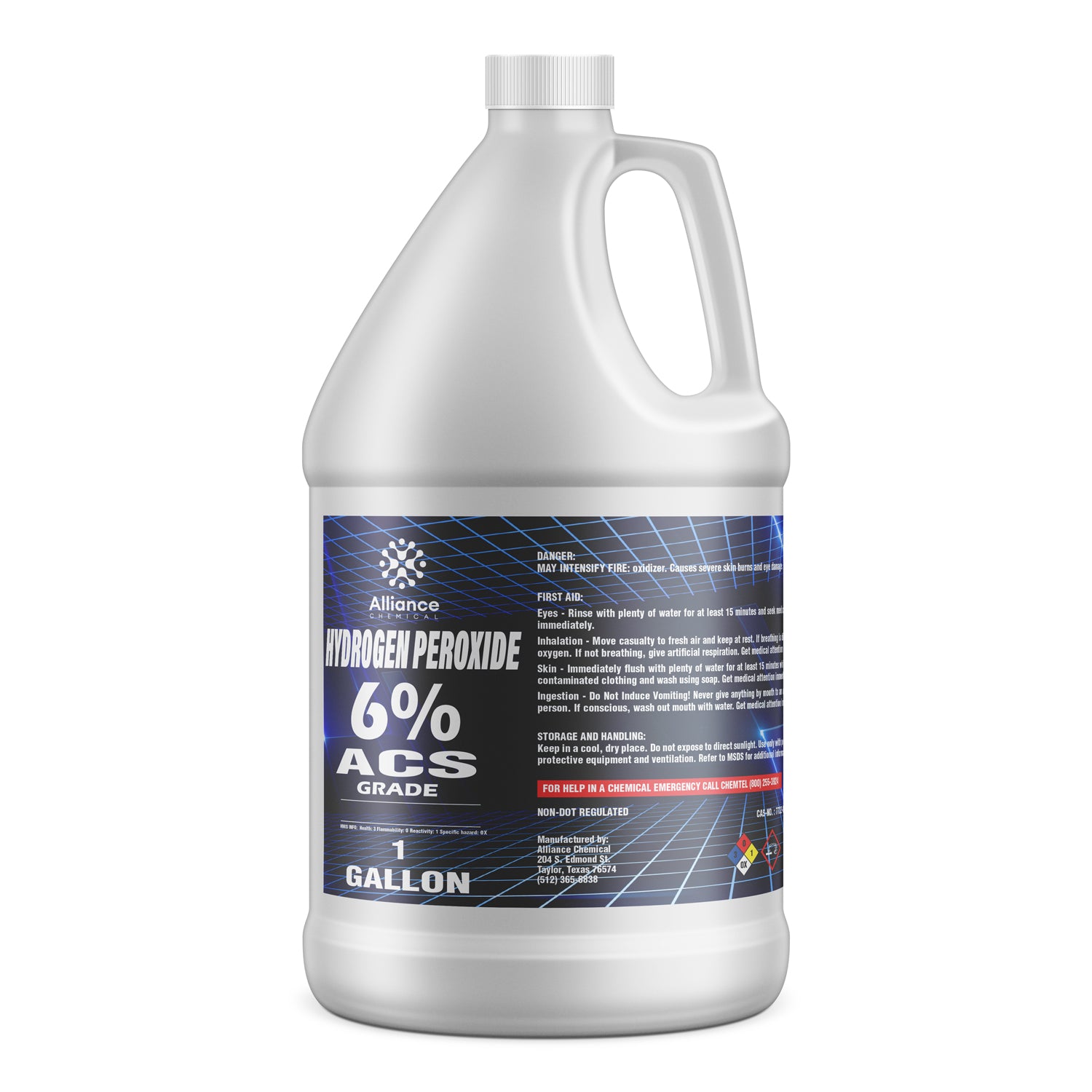 One-gallon white HDPE container of 6% ACS-grade hydrogen peroxide with blue-gradient safety label, NFPA diamond, and chemical emergency information.